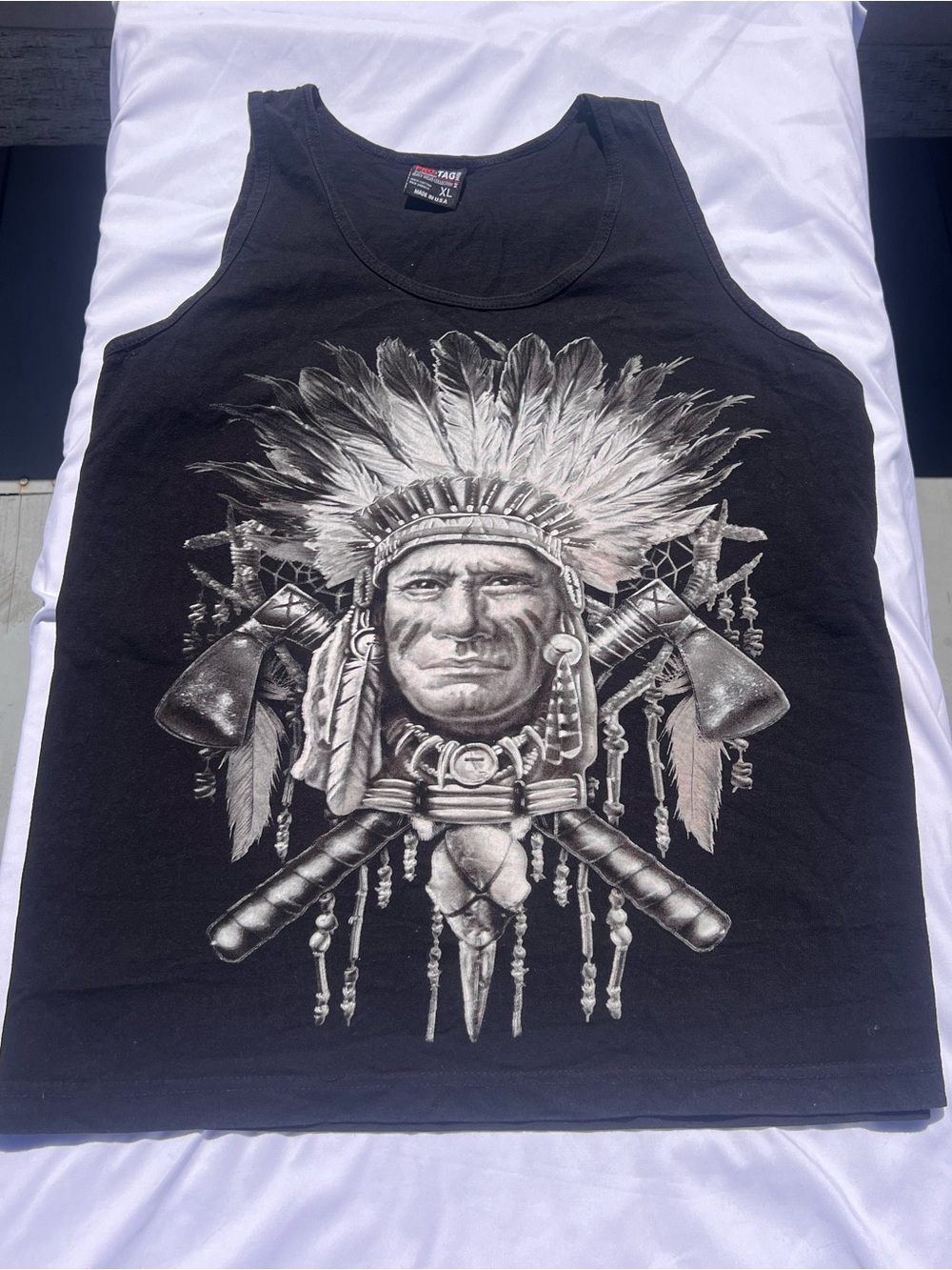 Black Graphic Tank Top with Native Headdress Print